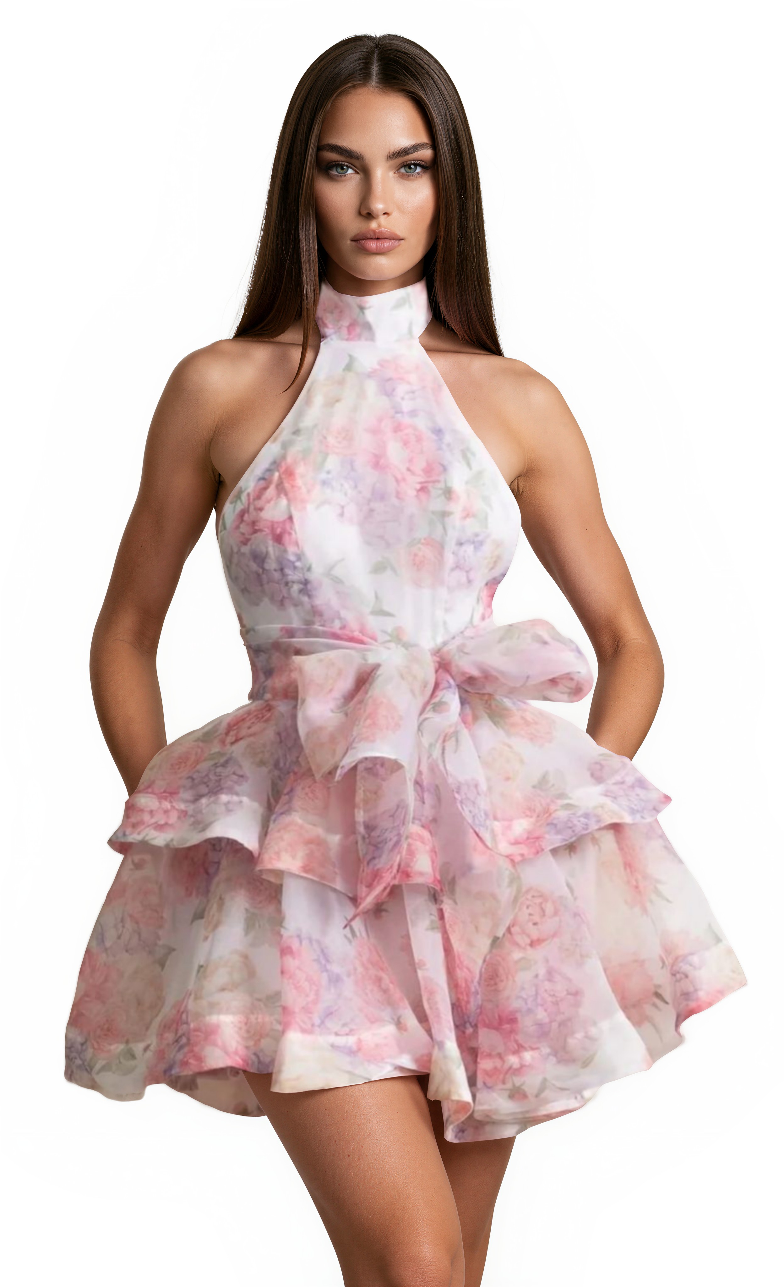 Querelle Floral Halter Mini Dress with Layered Skirt Pink