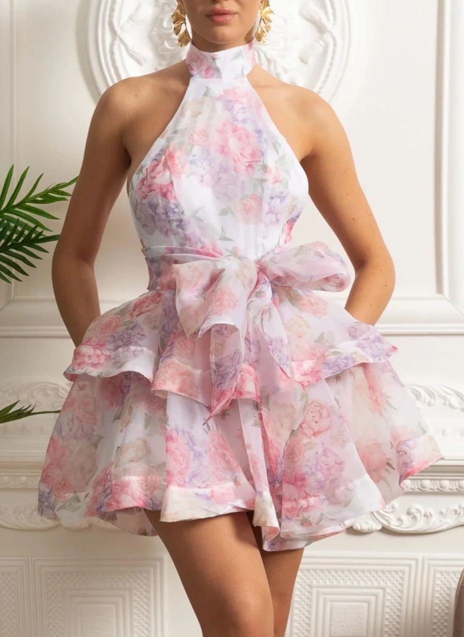 Querelle Halter Mini Dress with Layered Skirt Pink