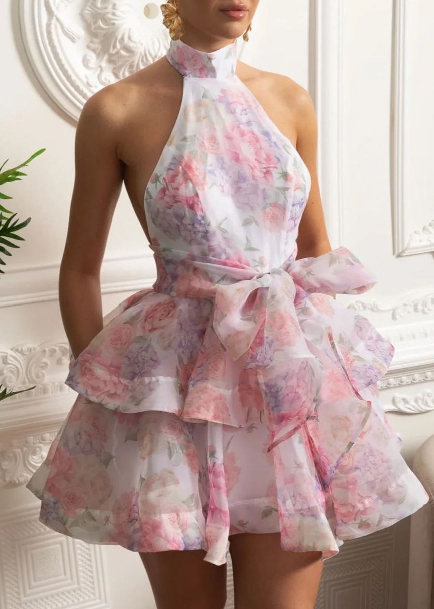 Querelle Halter Mini Dress with Layered Skirt Pink