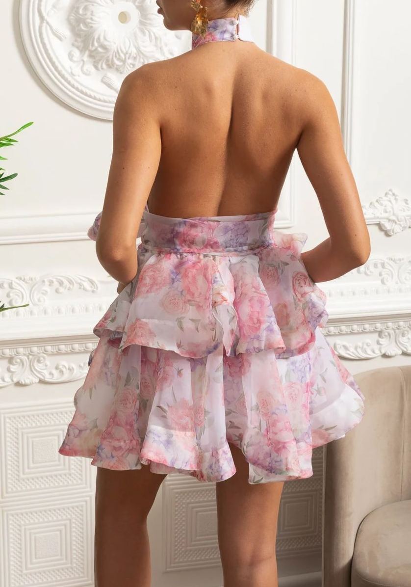 Querelle Halter Mini Dress with Layered Skirt Pink