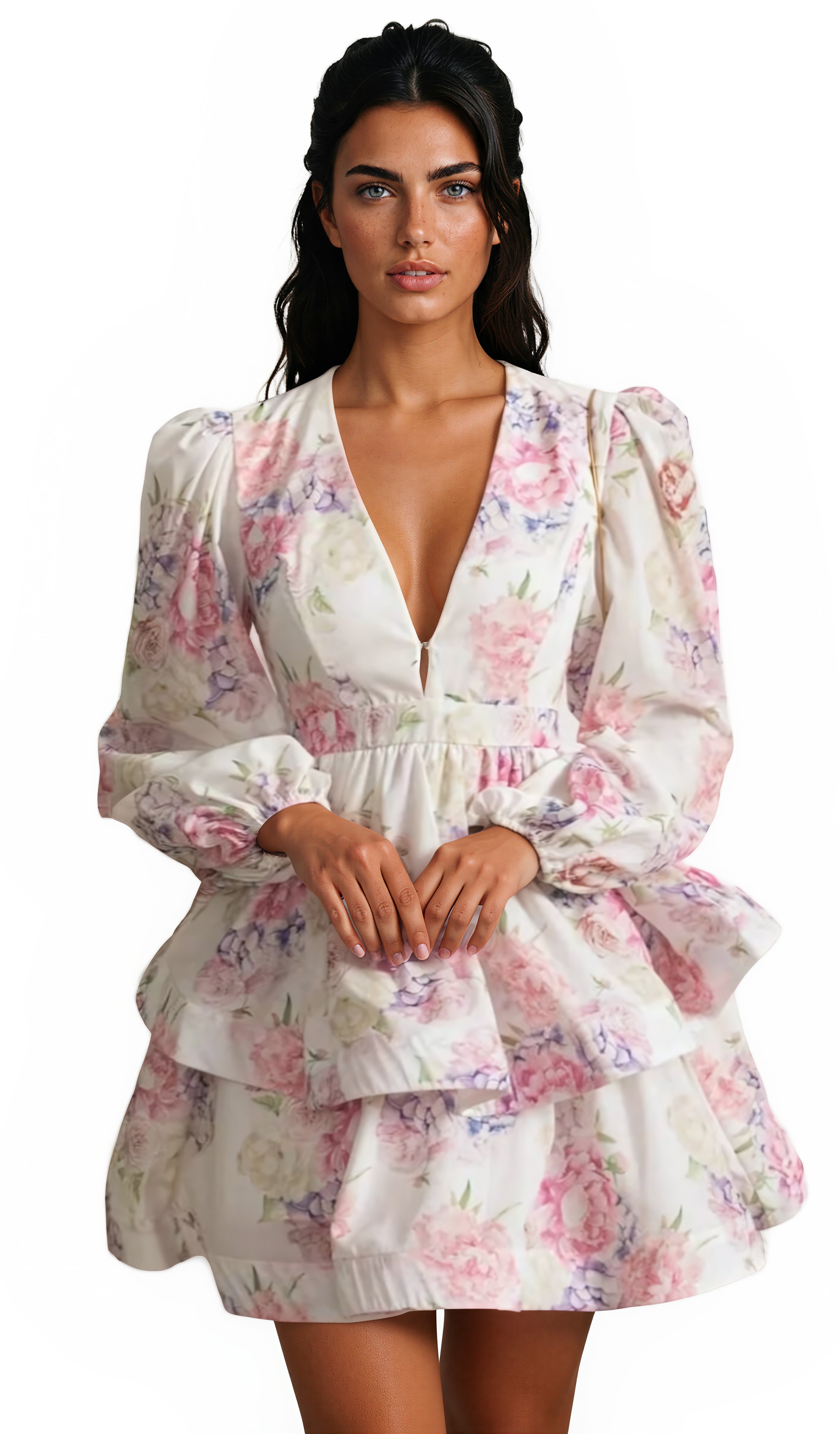 Polisk Floral Tiered Mini Dress with Voluminous Sleeves Pink