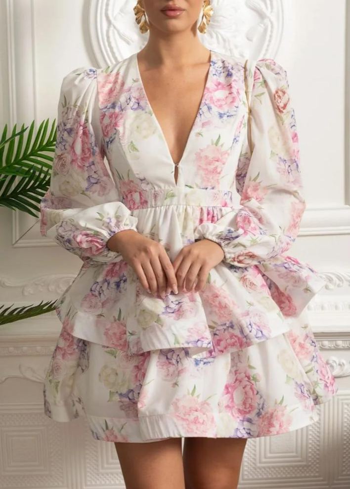 Polisk Floral Tiered Mini Dress with Voluminous Sleeves Pink