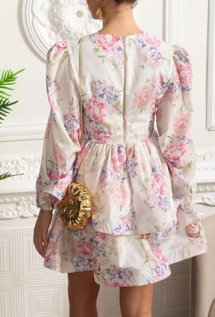 Polisk Floral Tiered Mini Dress with Voluminous Sleeves Pink