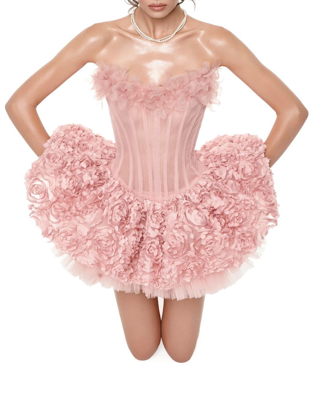 Fionnan Strapless Flower Mini Dress In Pink