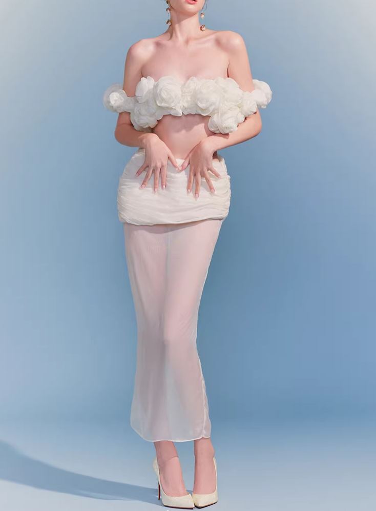 Firuze Off Shoulder Flower Mesh Skirt Set