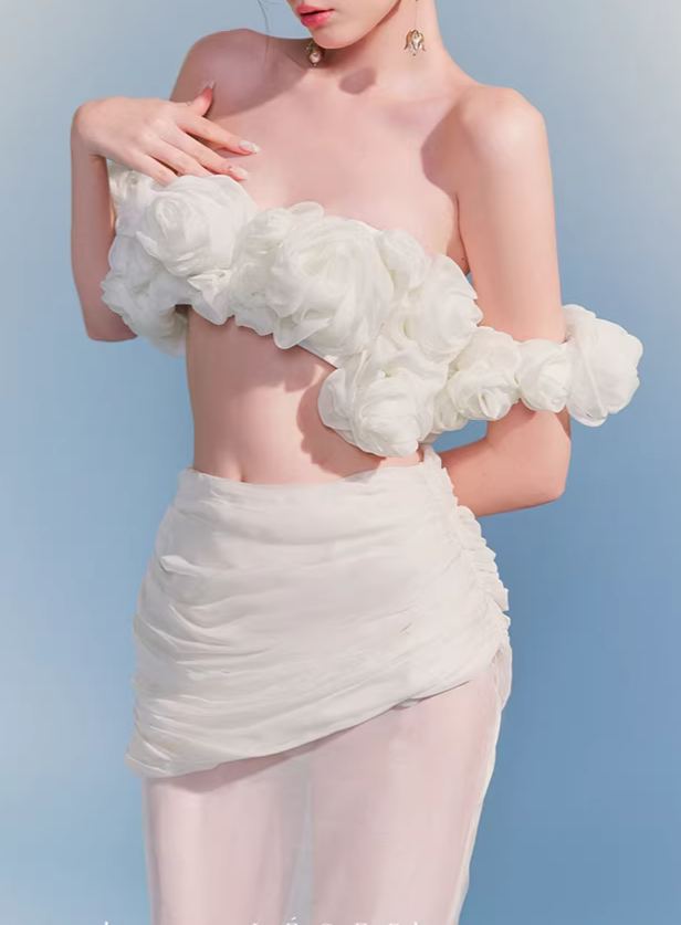 Firuze Off Shoulder Flower Mesh Skirt Set