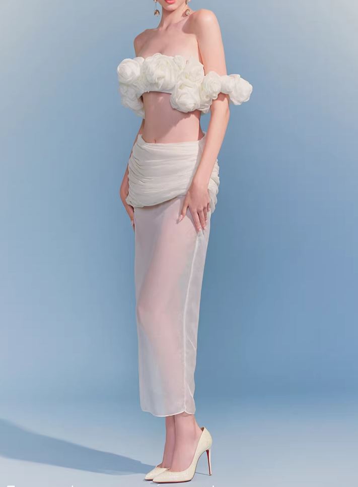 Firuze Off Shoulder Flower Mesh Skirt Set