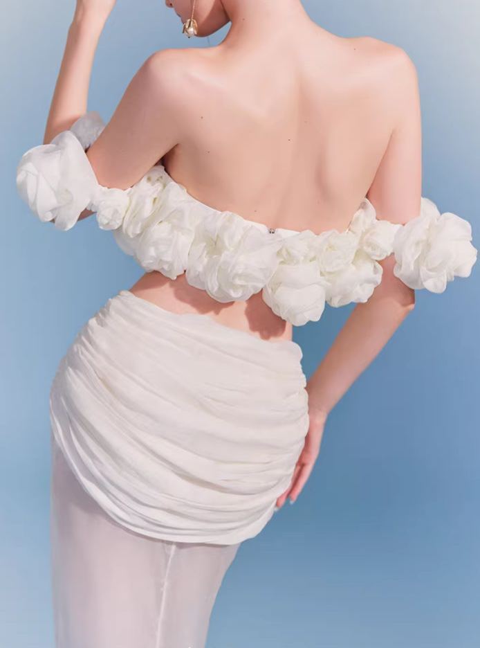 Firuze Off Shoulder Flower Mesh Skirt Set