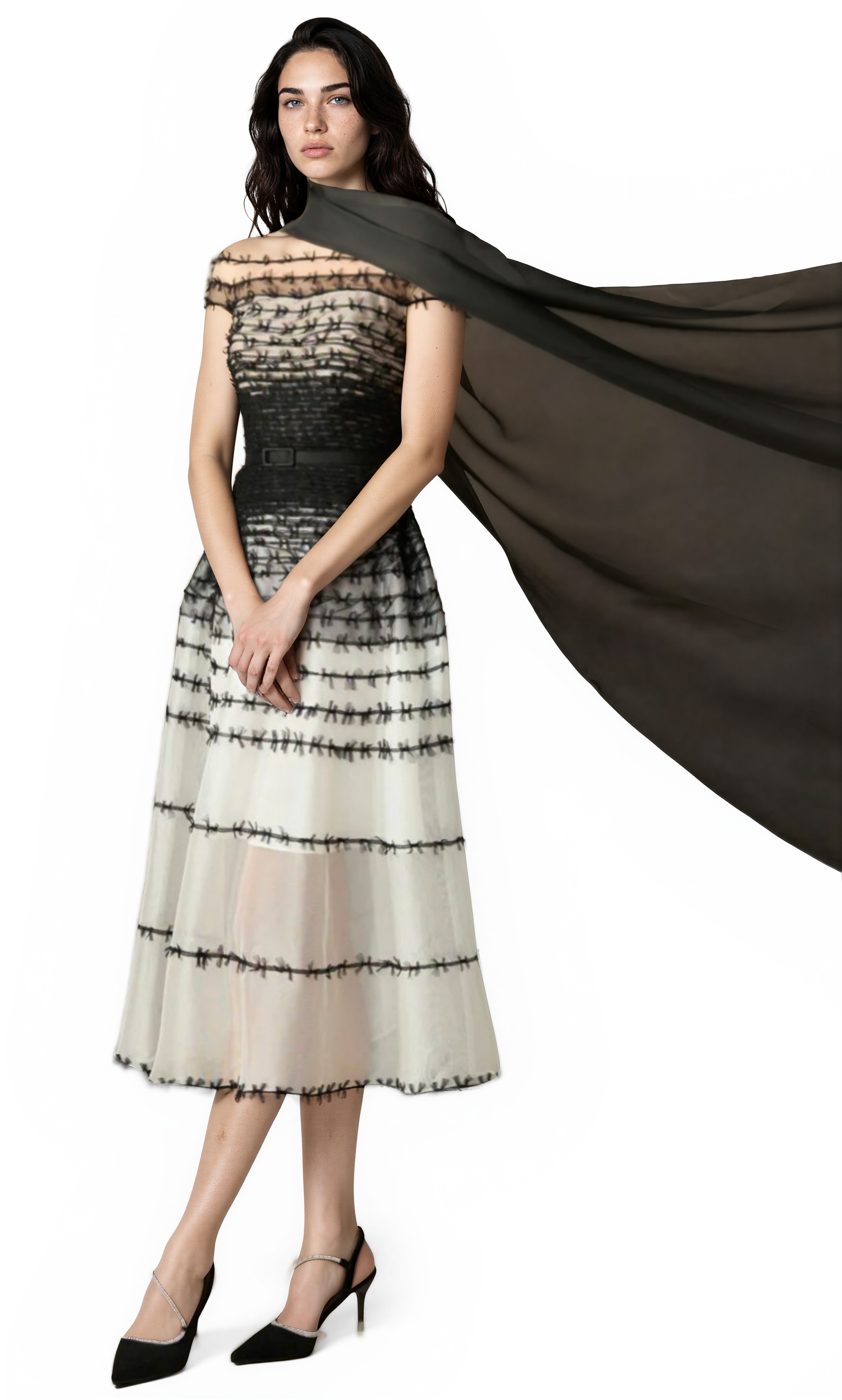 Nasrin Off Shoulder Hayley Mesh Midi Dress