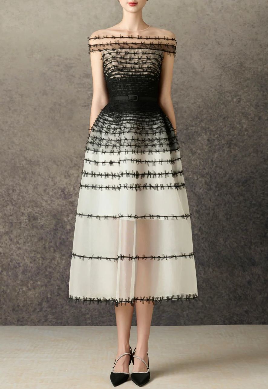 Nasrin Off Shoulder Hayley Mesh Midi Dress