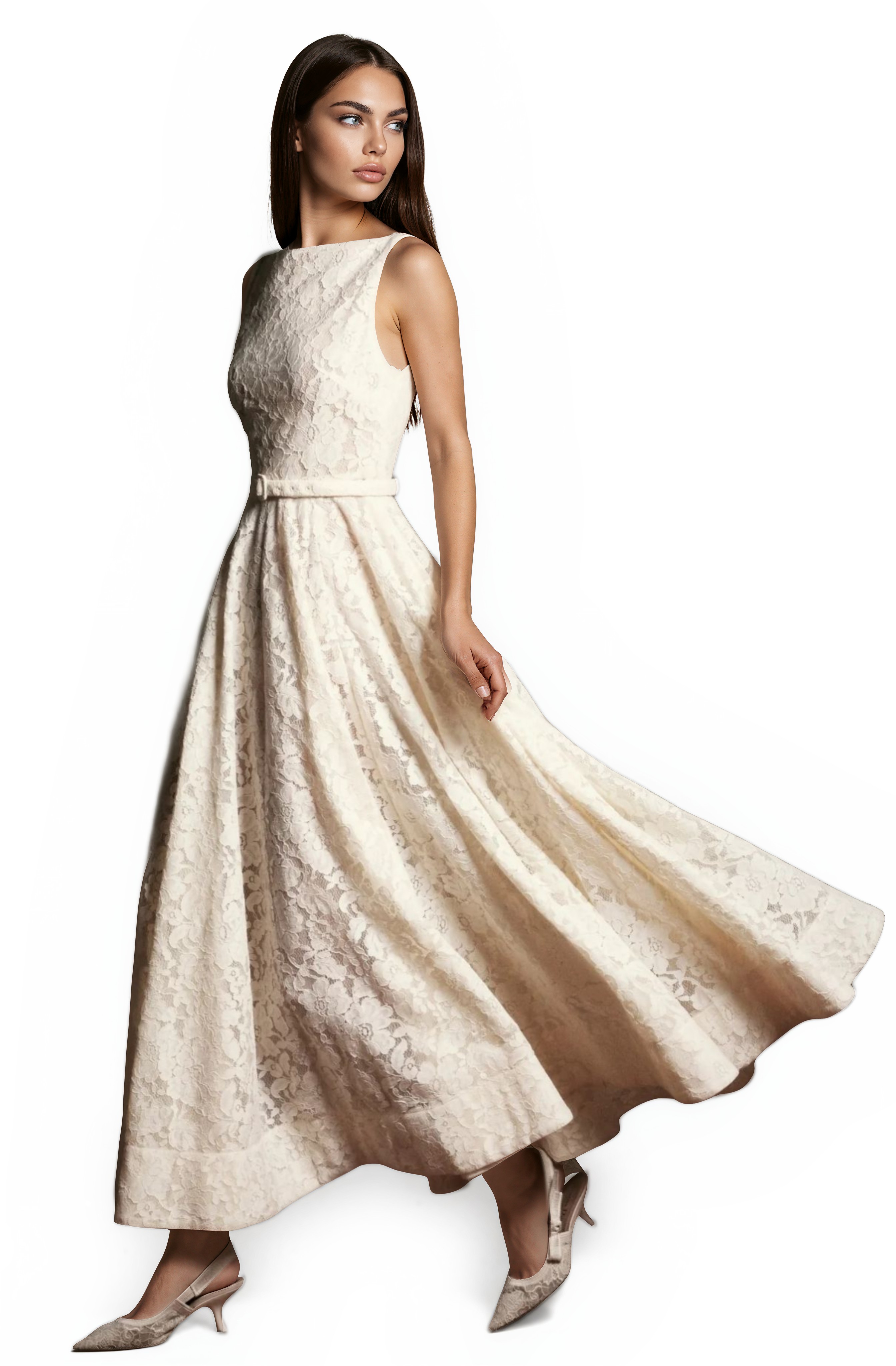 Junlet White Mock Neck Floral Lace Maxi Dress