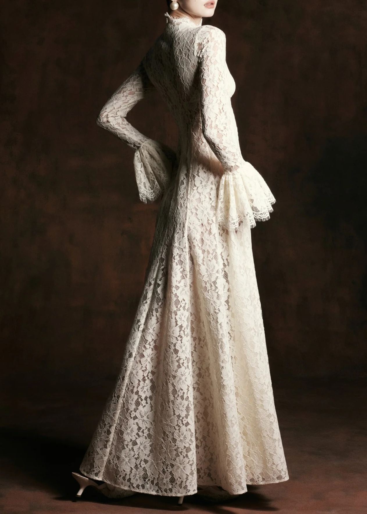 Junlet White Mock Neck Floral Lace Maxi Dress