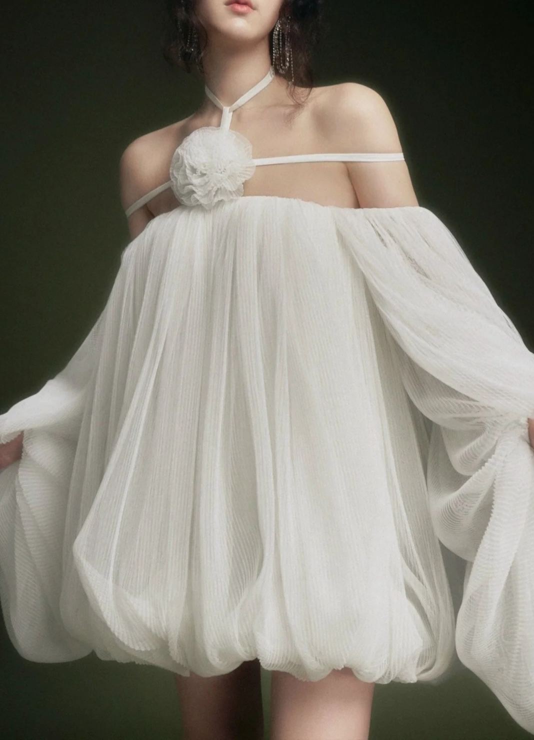 Aminah white floral-appliqué pleated tulle mini dress