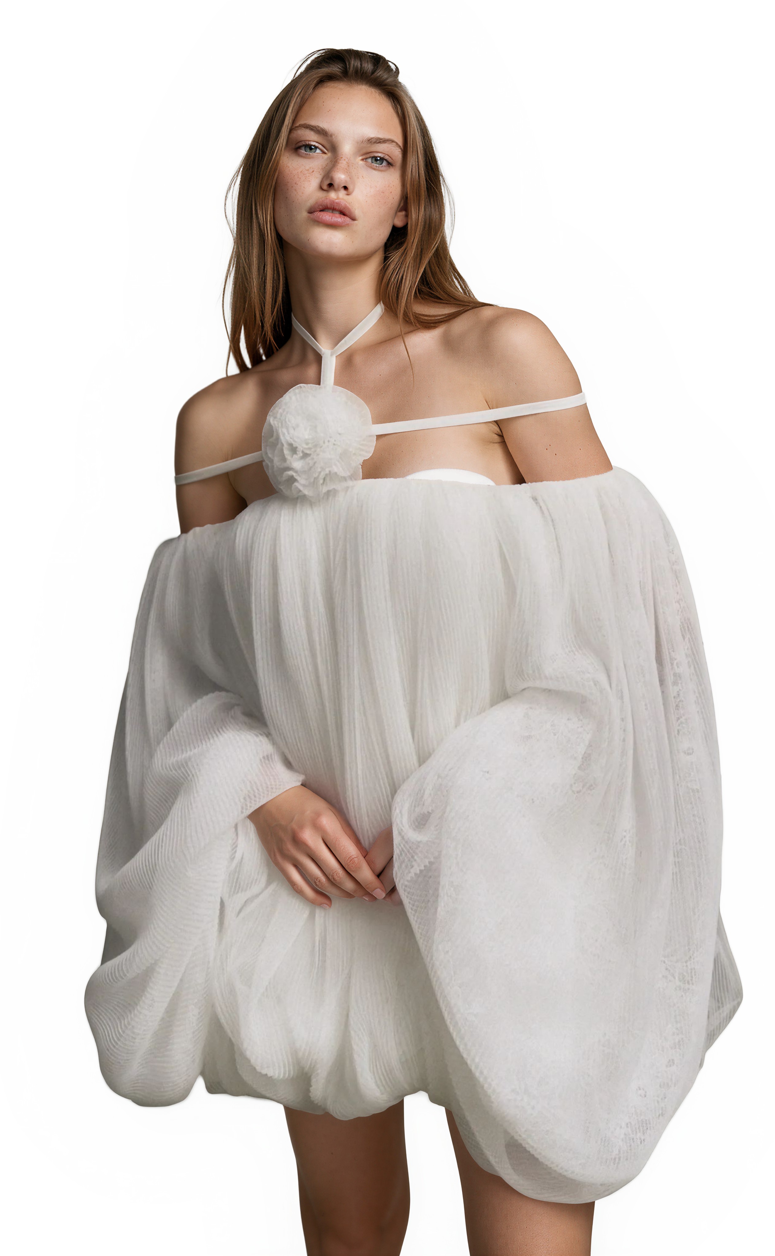 Aminah white floral-appliqué pleated tulle mini dress