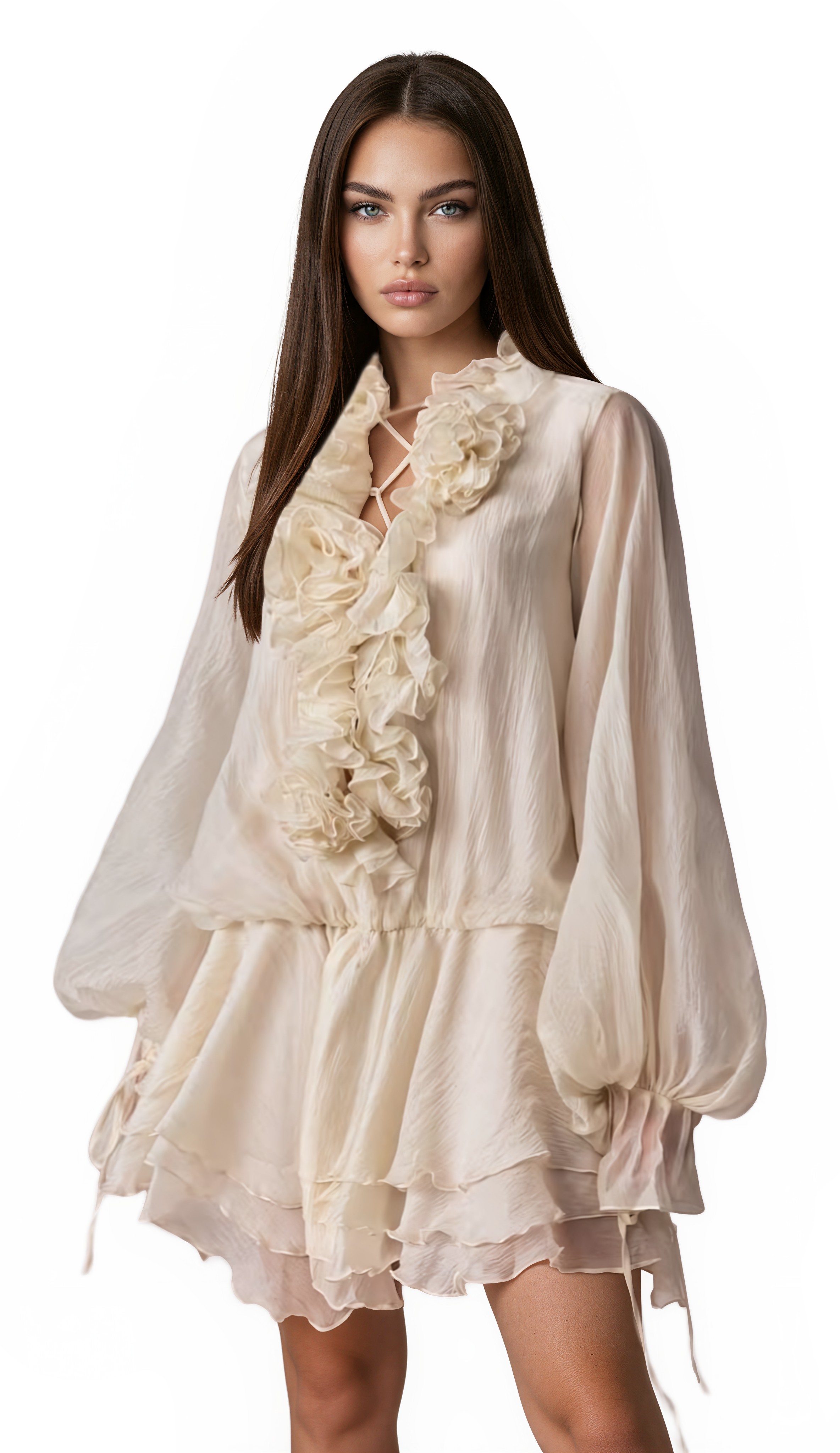 Misomo floral-appliqué tiered mini dress in Neutrals