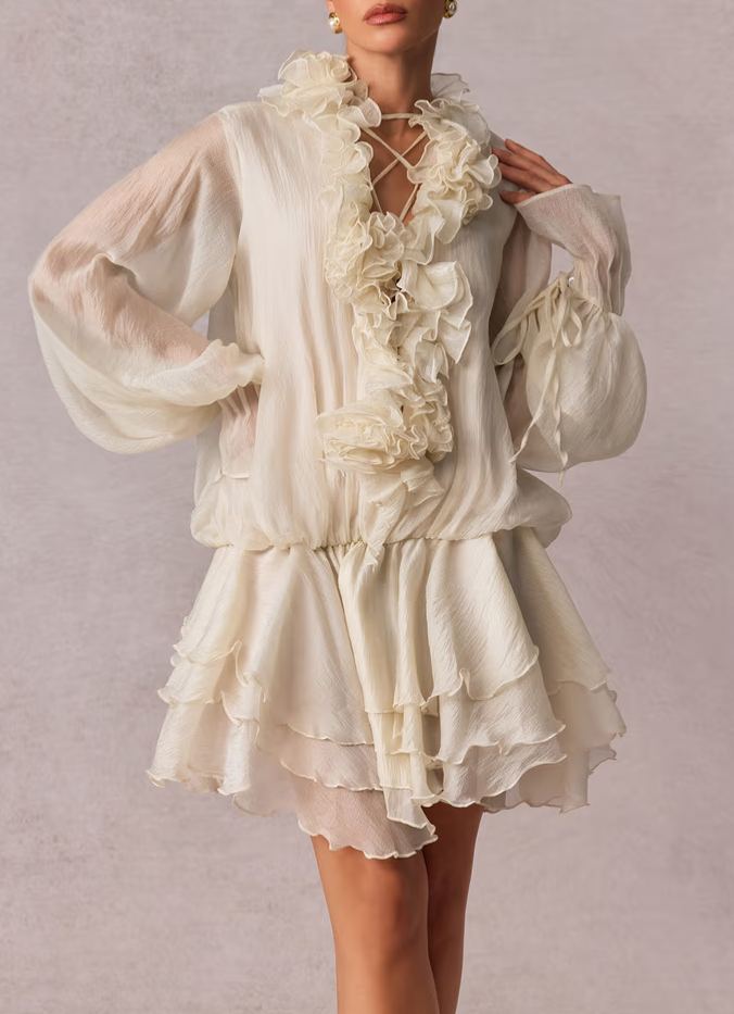 Zéphyrine floral-appliqué tiered mini dress in Neutrals
