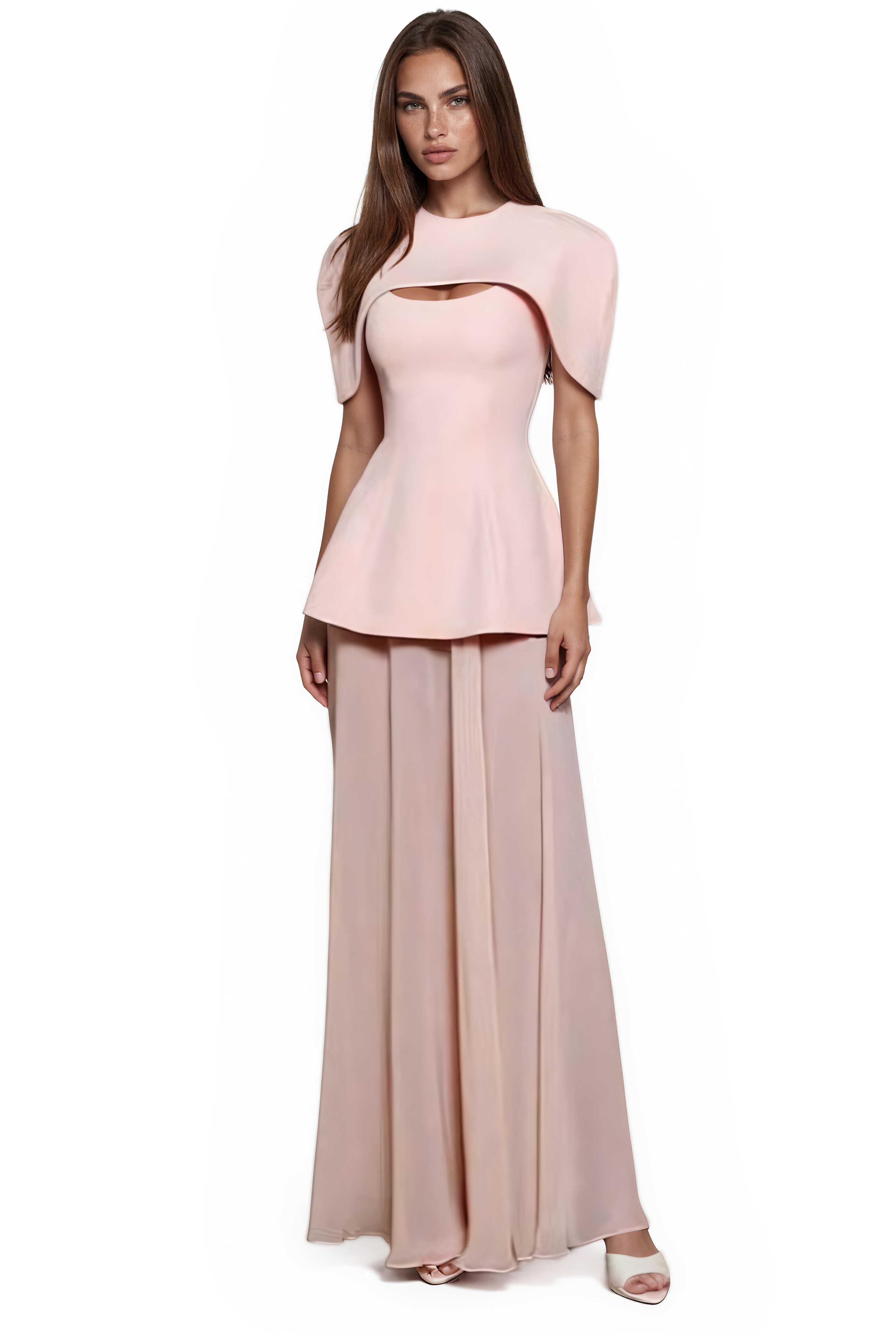 Dechen Pink Layered Cape Sculptural Maxi Dress Set