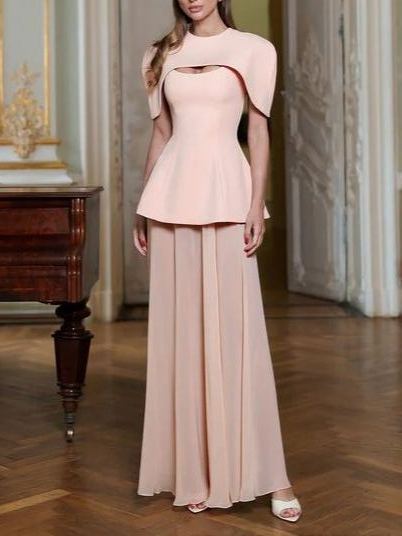 Dechen Pink Layered Cape Sculptural Maxi Dress Set