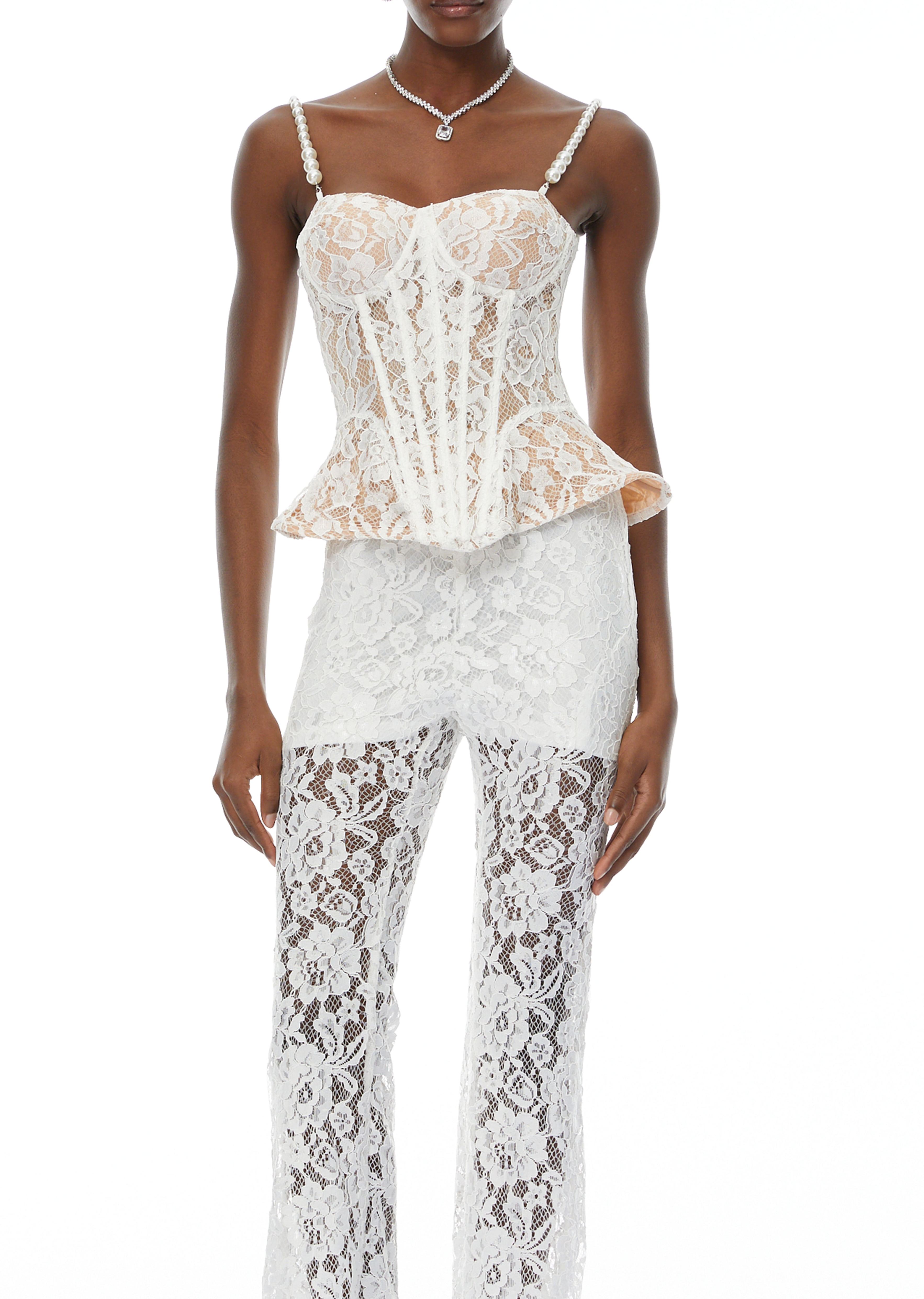 Adèle White Floral Lace Top & Trousers Set