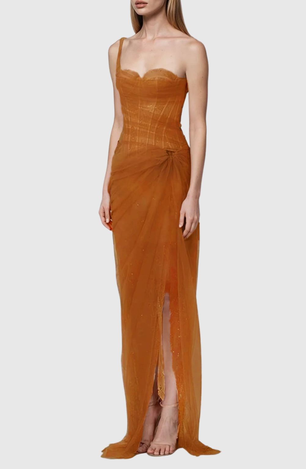 Zéphyrine One Shoulder Corset Mesh Maxi Dress In Brown