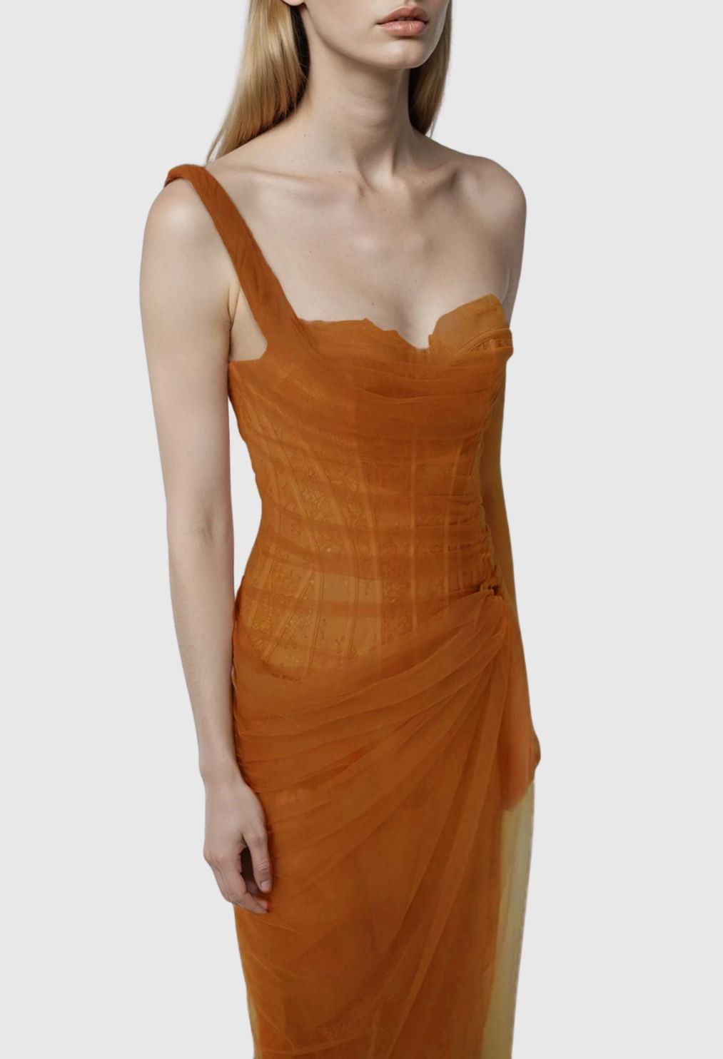 Zéphyrine One Shoulder Corset Mesh Maxi Dress In Brown