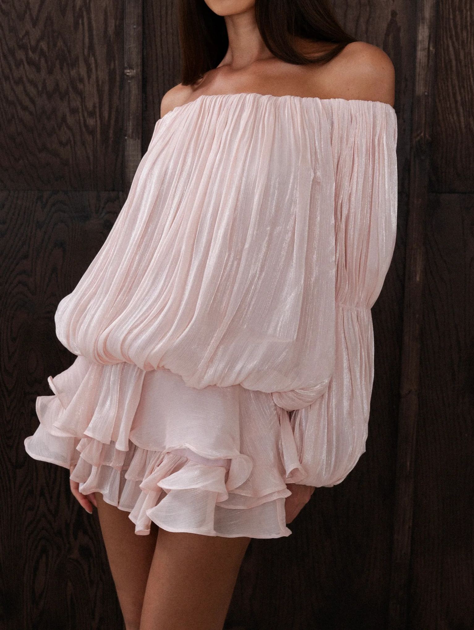 Zofia Pink Glossy Pleated Tiered Mini Dress