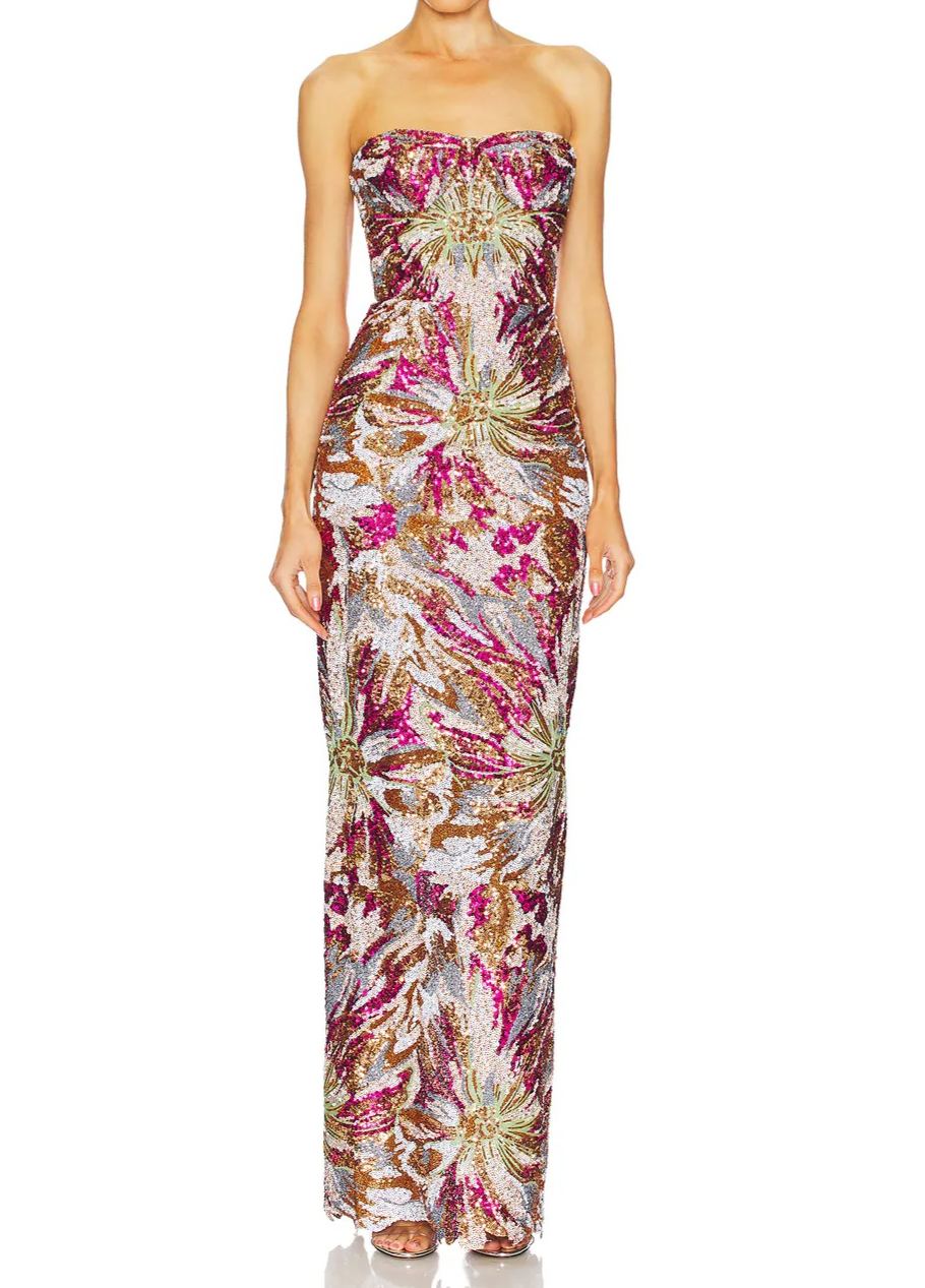 Mumphey Strapless Embellished Floral Maxi Dress