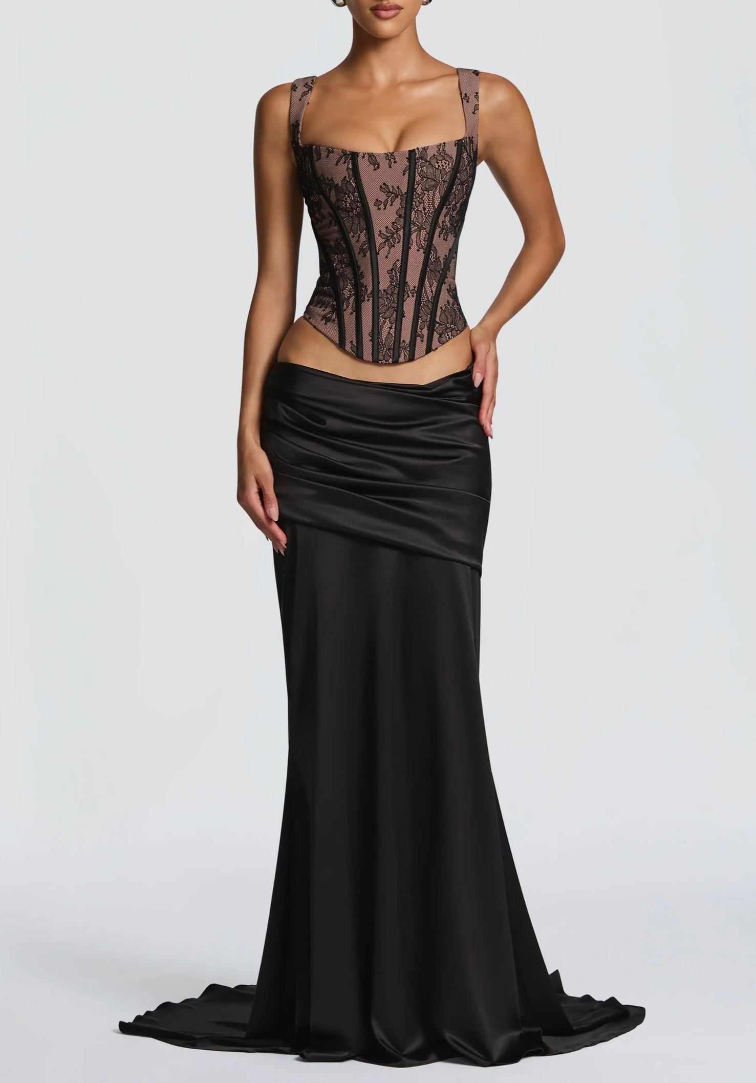 Bluma Black Lace Top & Ruched Skirt Set