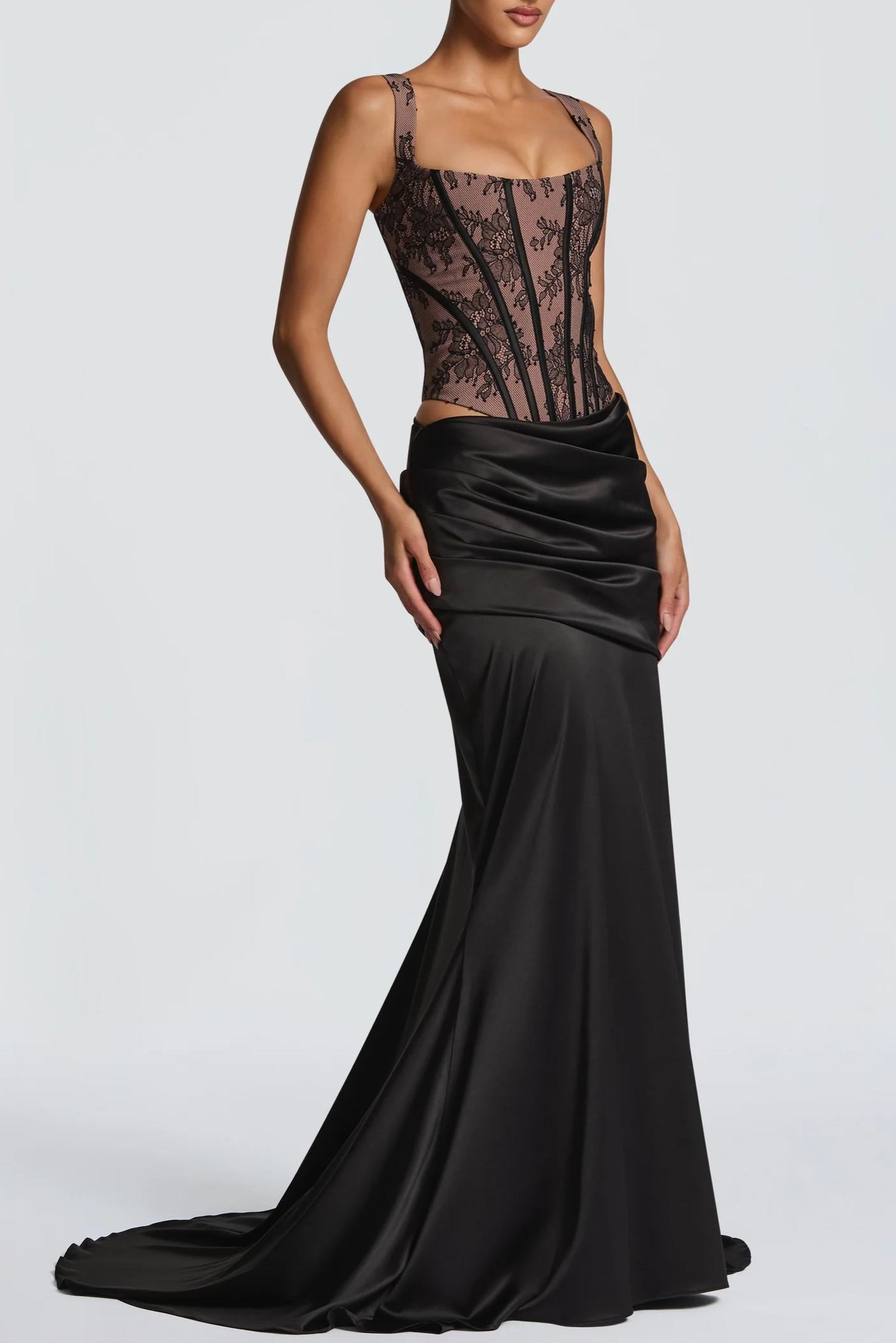 Bluma Black Lace Top & Ruched Skirt Set