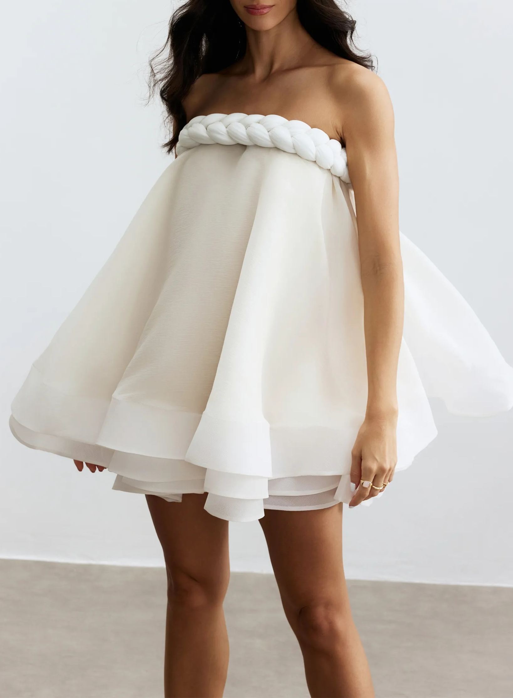Gradient Ruffle Puffy Mini Dress In White
