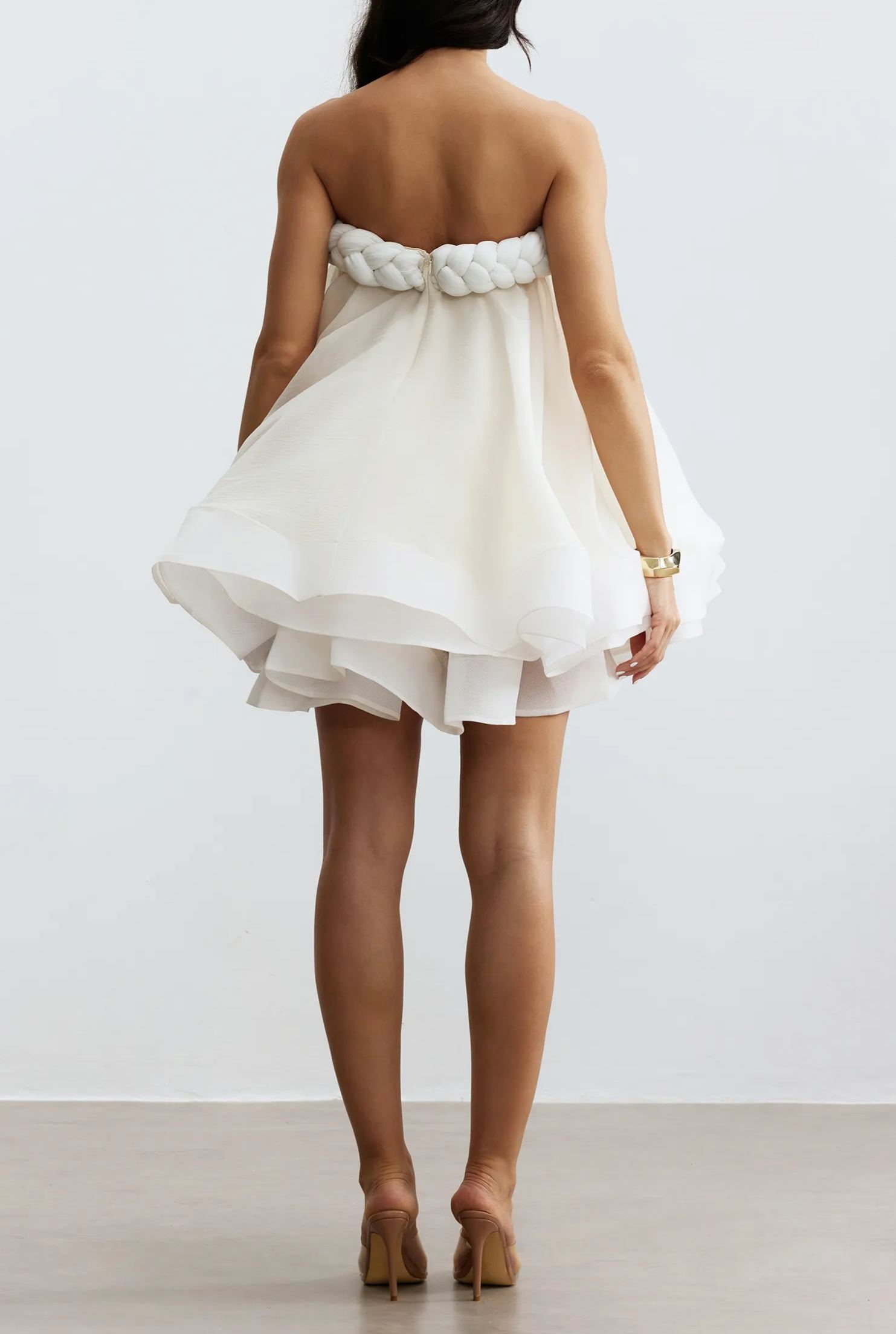 Gradient Ruffle Puffy Mini Dress In White