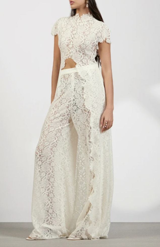 Leviah White Floral Lace Top & Trousers Set