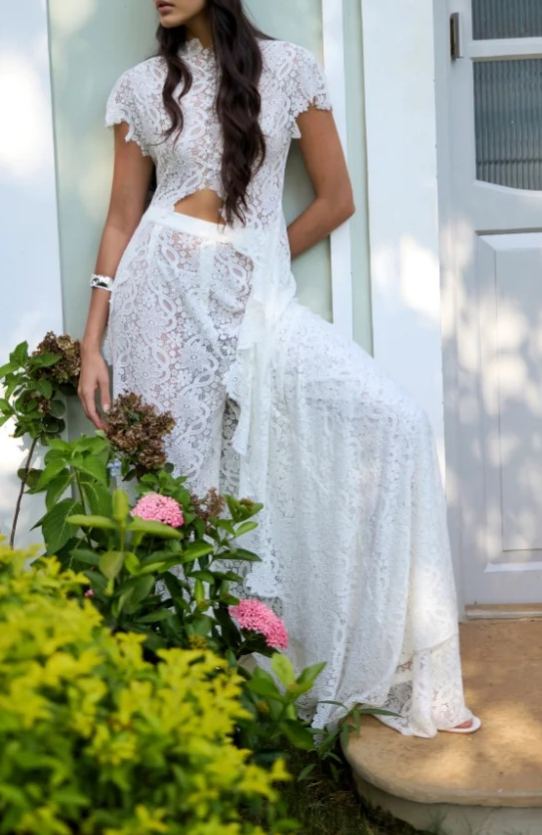 Leviah White Floral Lace Top & Trousers Set