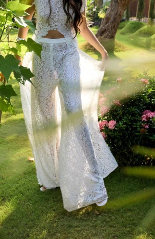 Leviah White Floral Lace Top & Trousers Set