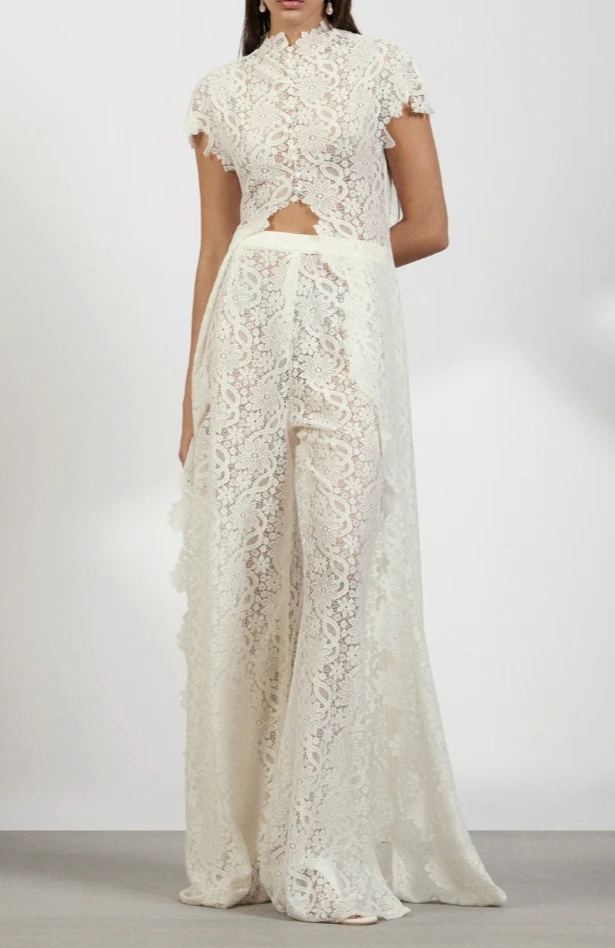 Leviah White Floral Lace Top & Trousers Set