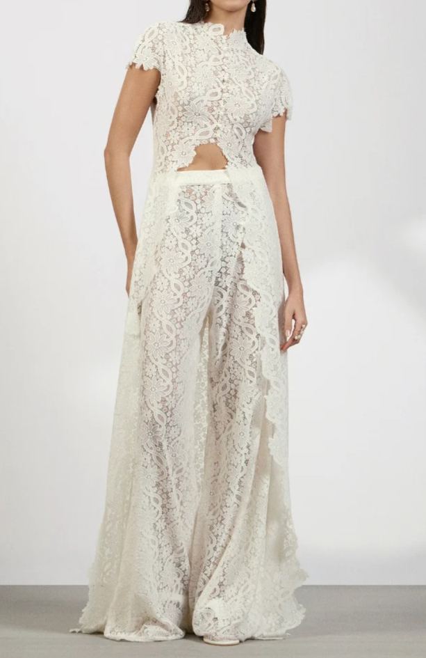 Leviah White Floral Lace Top & Trousers Set