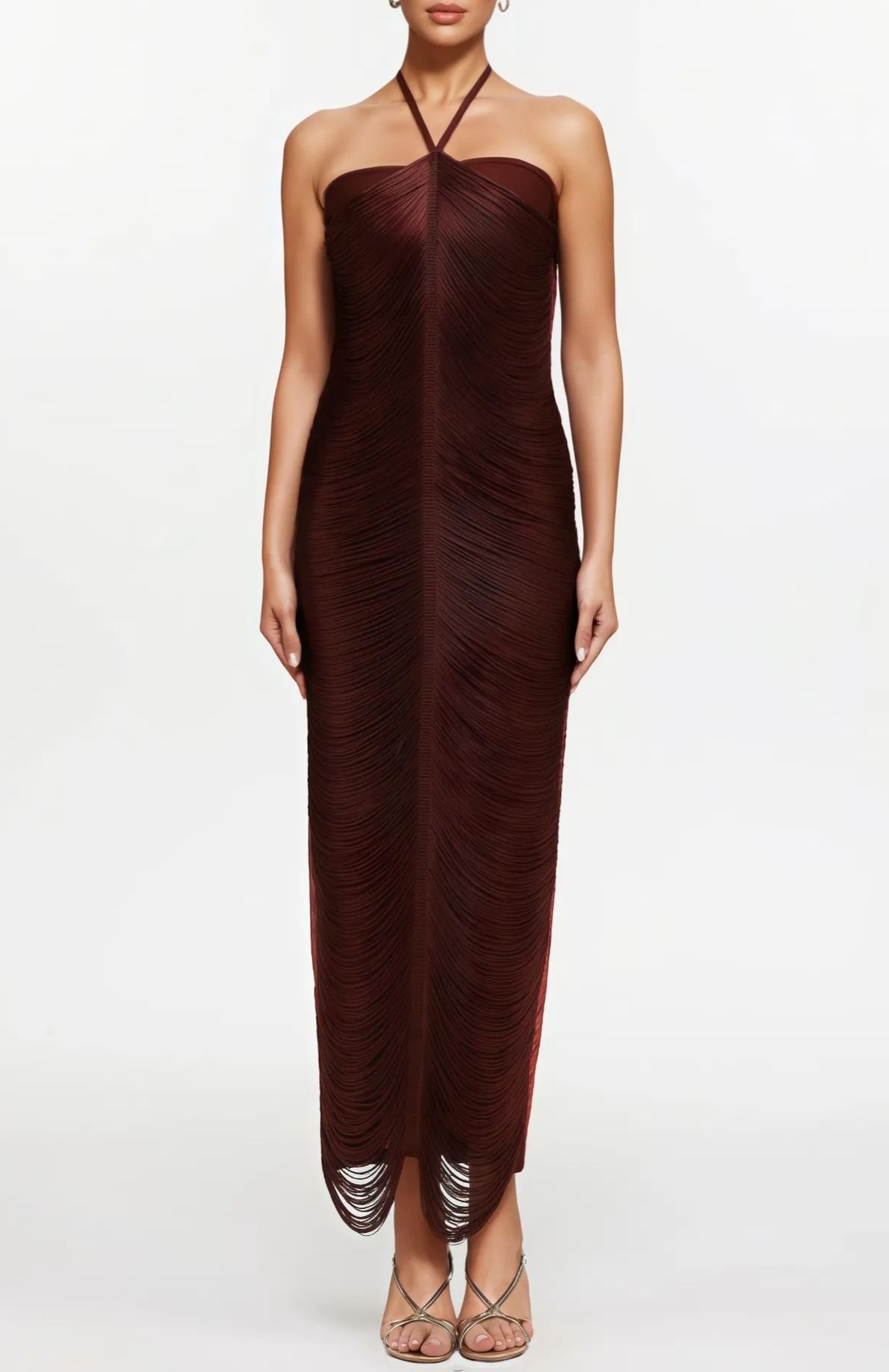Ohara Halterneck Fringe Maxi Dress In Coffee
