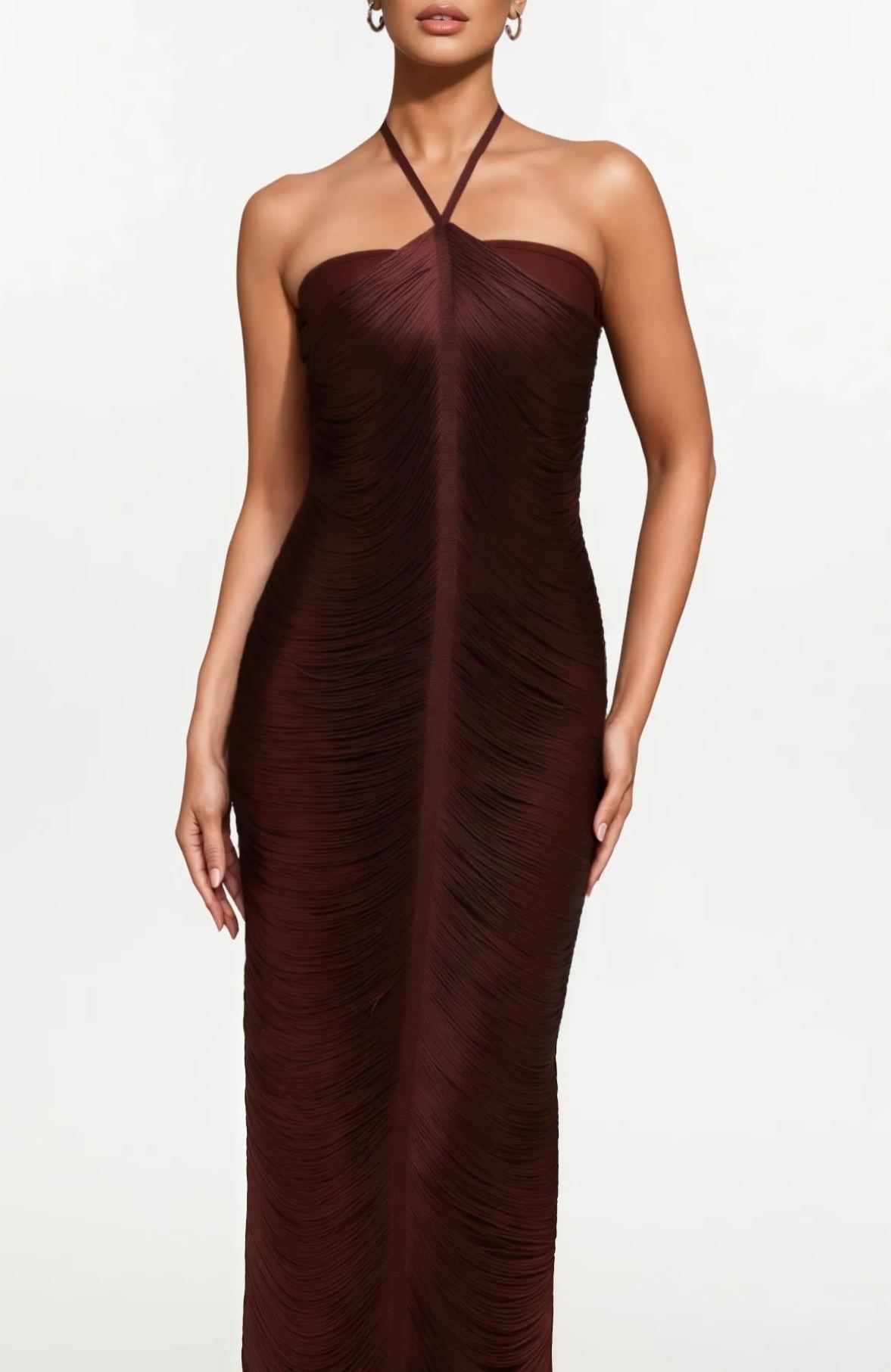 Ohara Halterneck Fringe Maxi Dress In Coffee