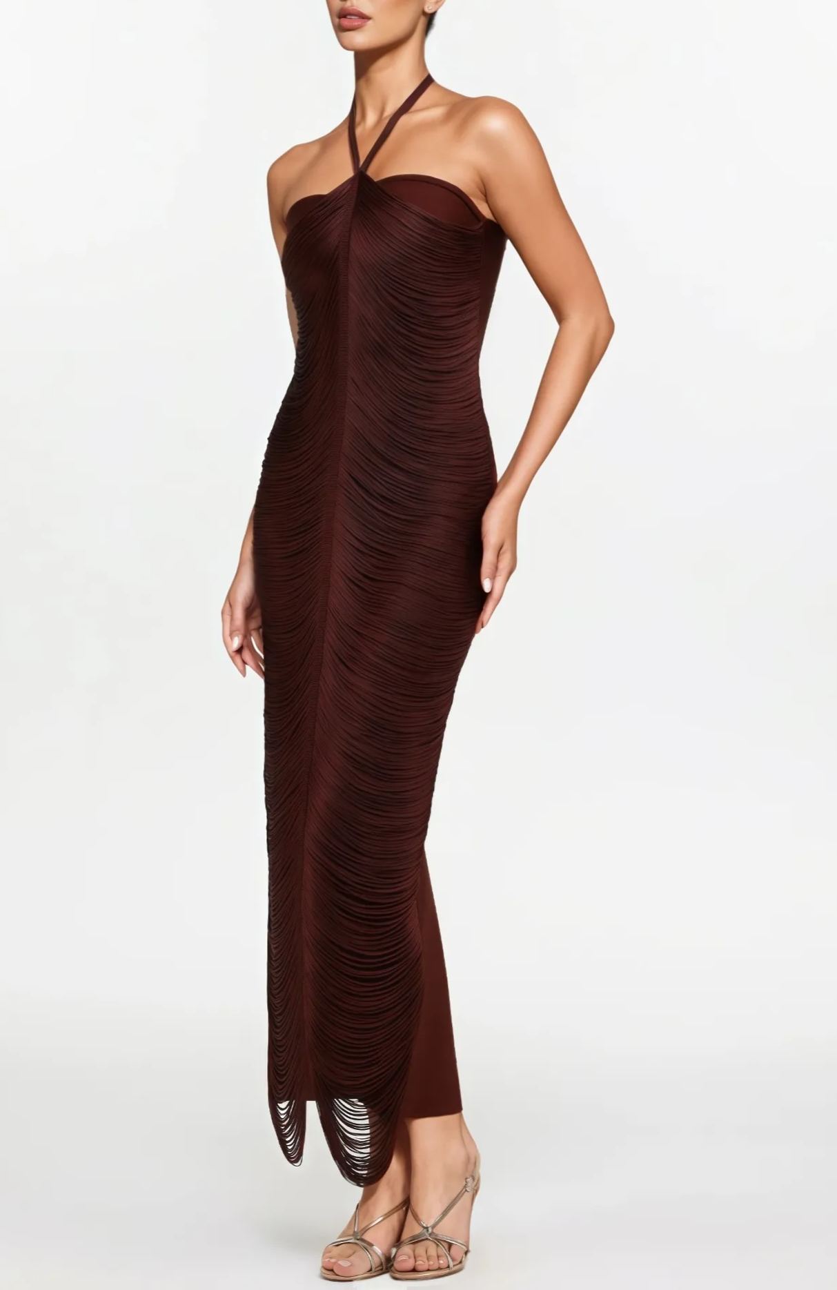 Ohara Halterneck Fringe Maxi Dress In Coffee