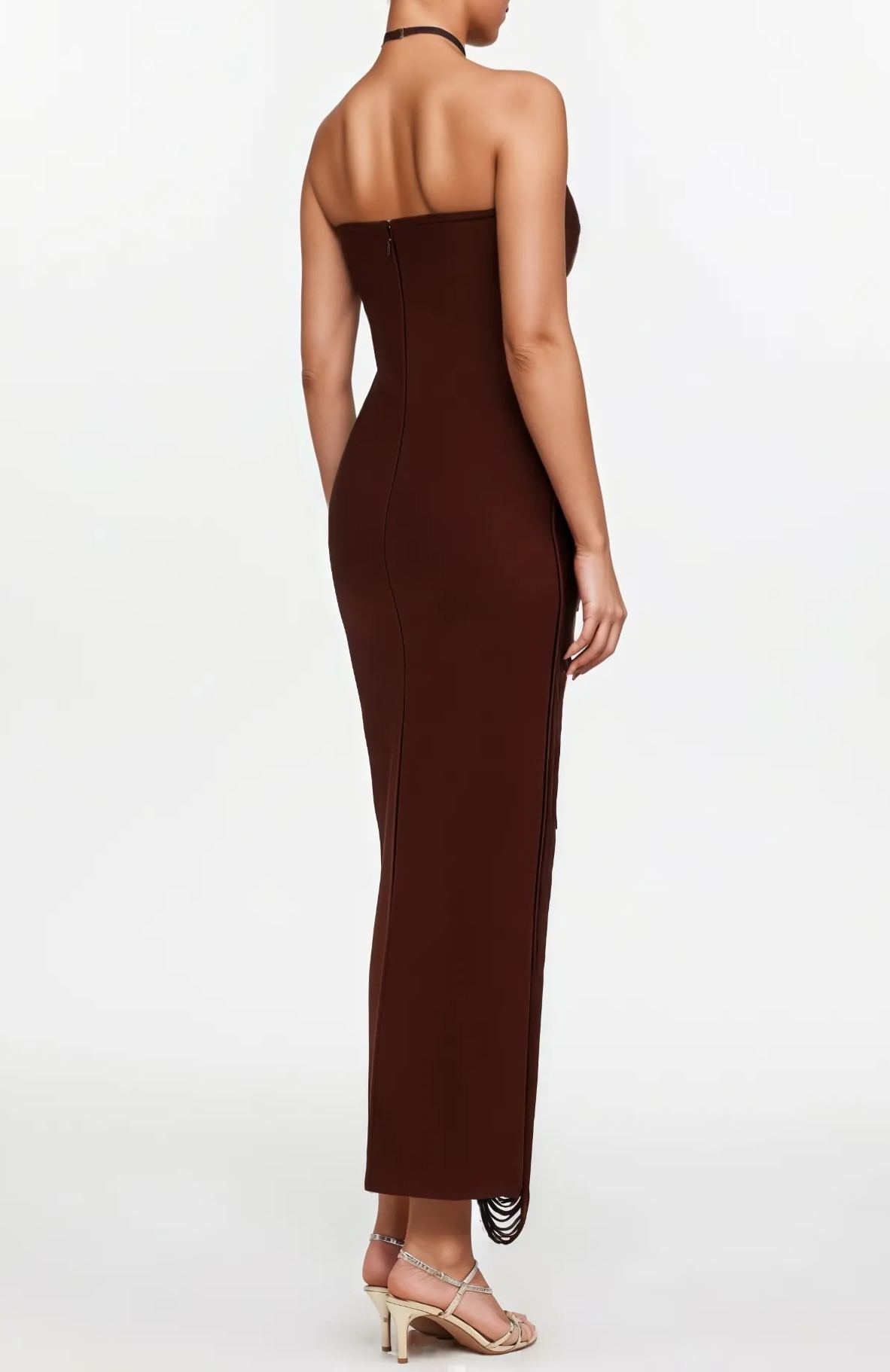 Ohara Halterneck Fringe Maxi Dress In Coffee