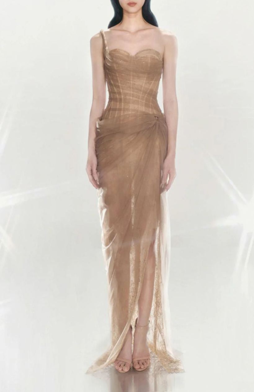 Inina Lace Corset One Shoulder Midi Dress - Brown