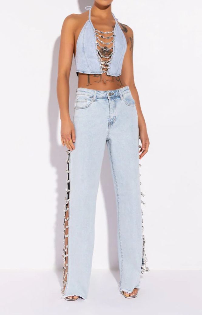 Hiroshi Cutout Denim Pants In Blue