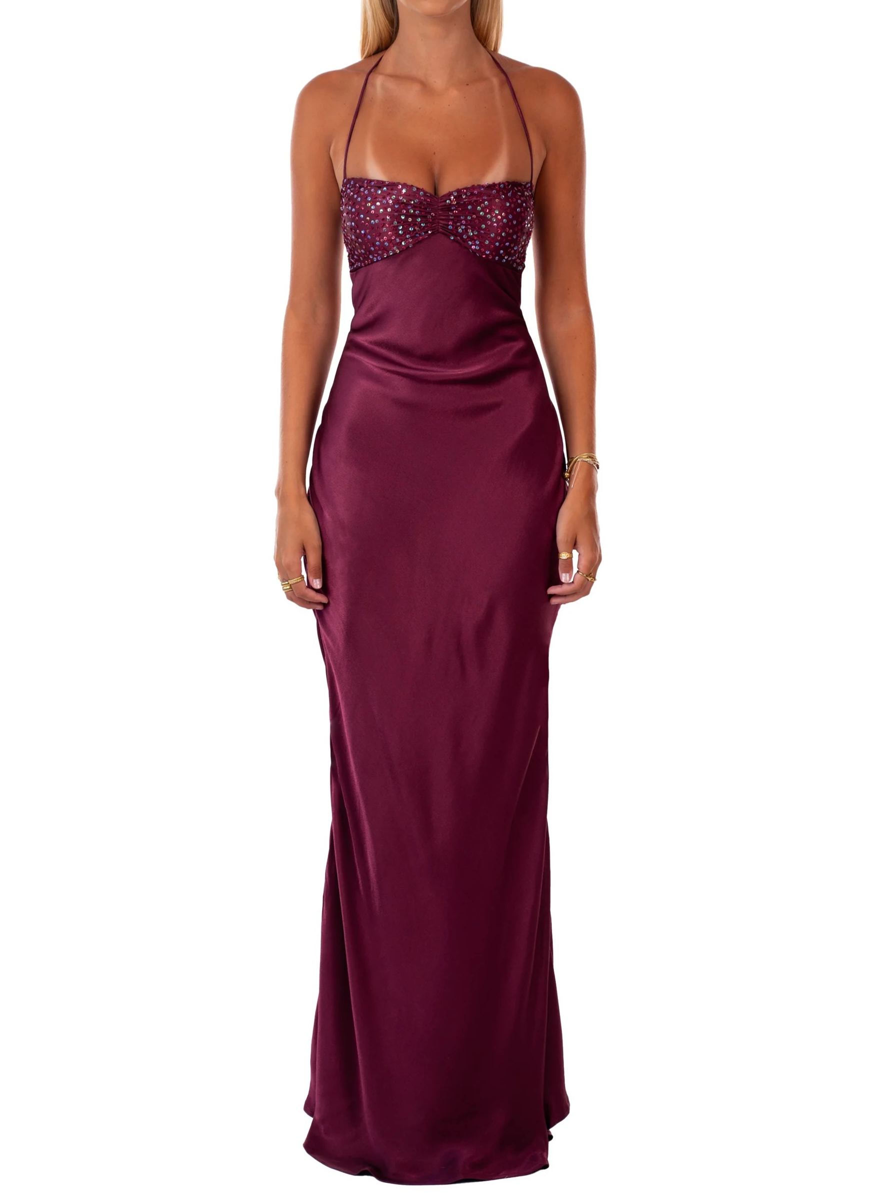 Davlat Halter Neck Sequin Satin Maxi Dress In Purple