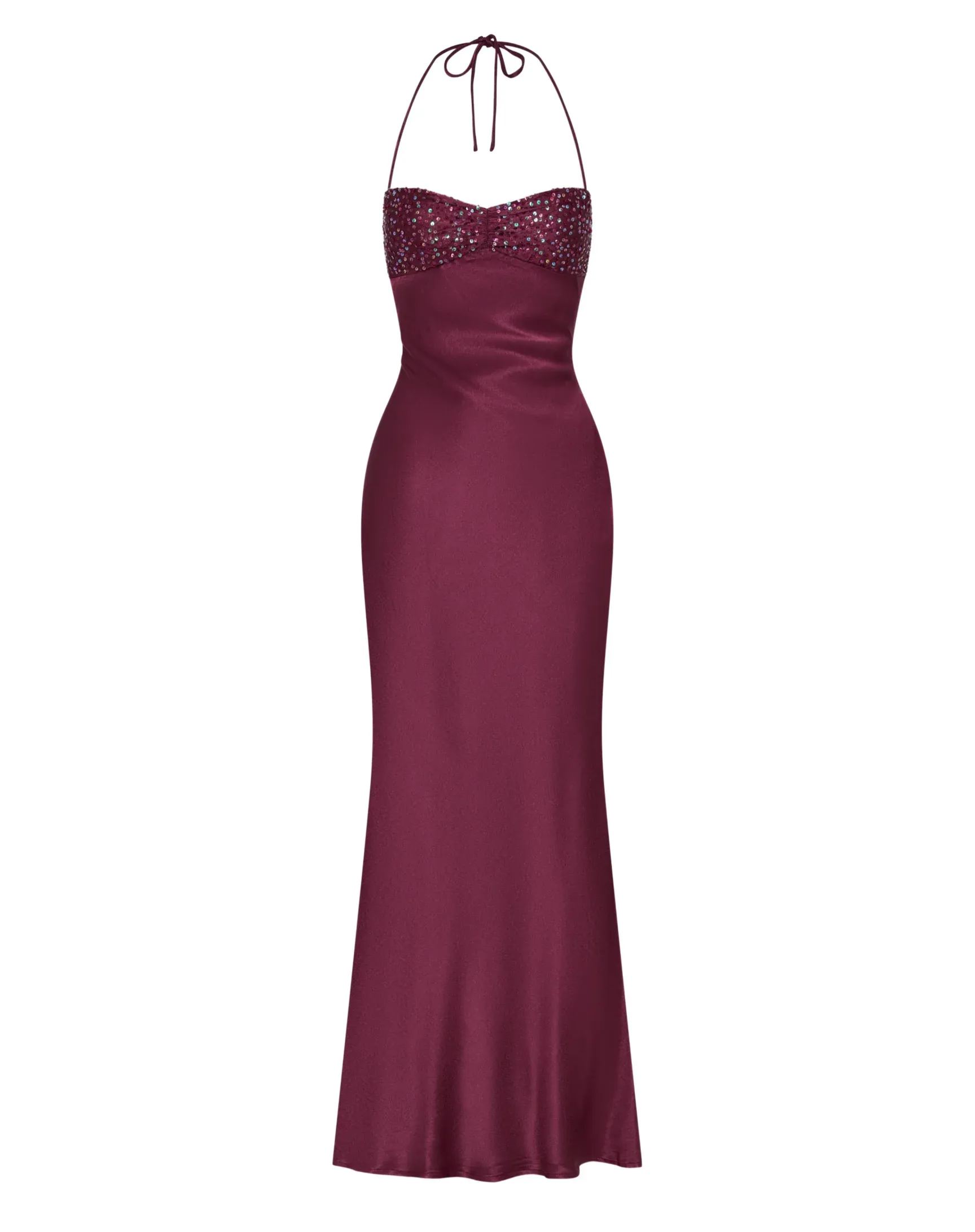Davlat Halter Neck Sequin Satin Maxi Dress In Purple