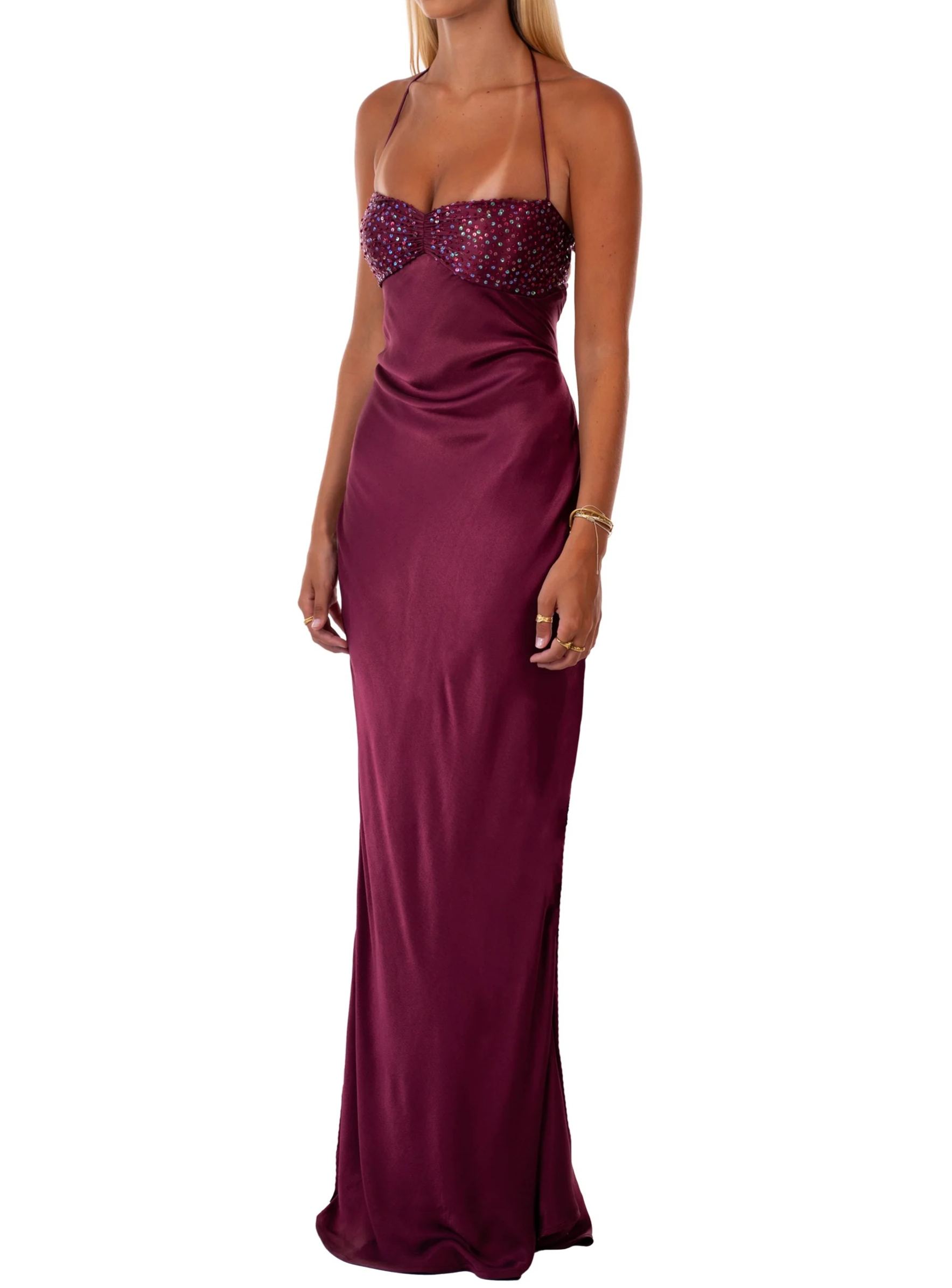 Davlat Halter Neck Sequin Satin Maxi Dress In Purple