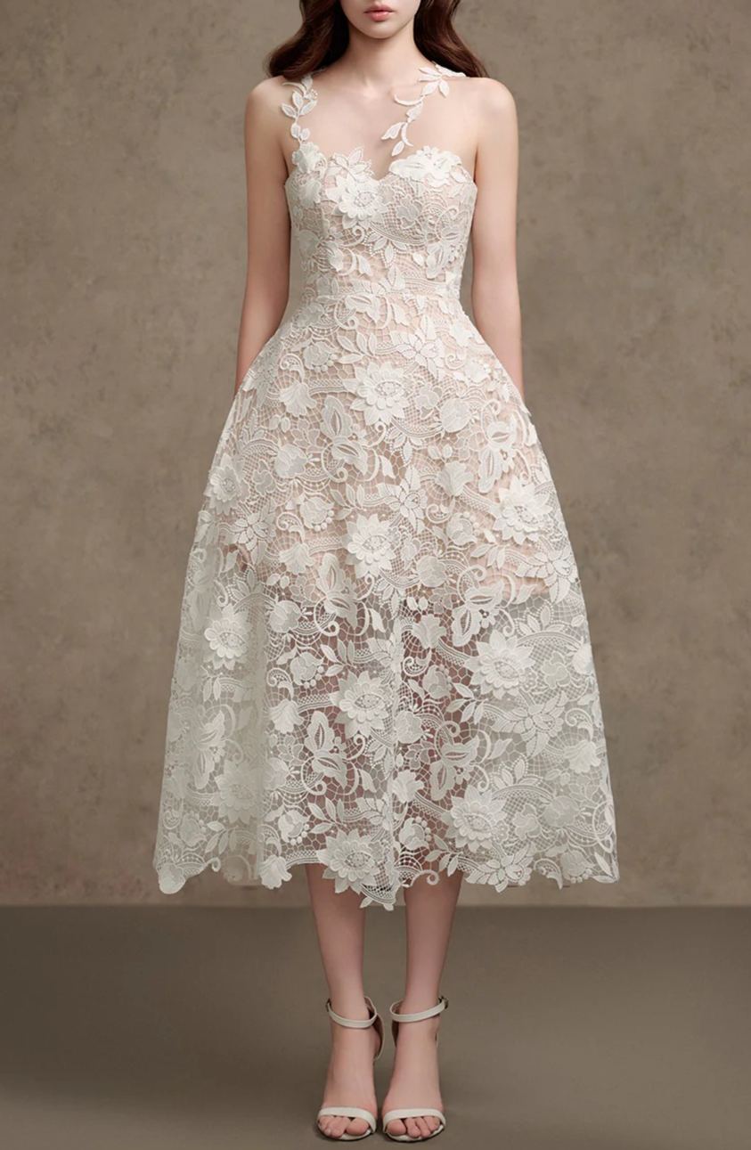 Nathalie White Lace Illusion Midi Dress