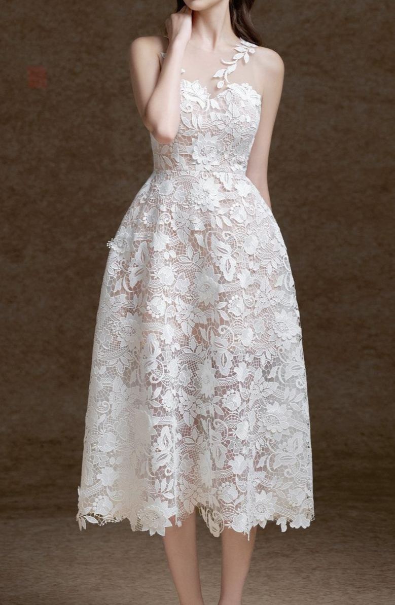 Nathalie White Lace Illusion Midi Dress