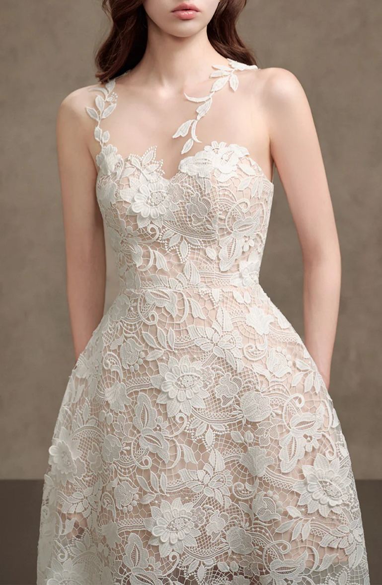 Nathalie White Lace Illusion Midi Dress