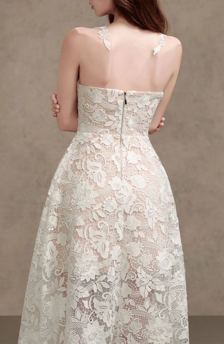 Nathalie White Lace Illusion Midi Dress