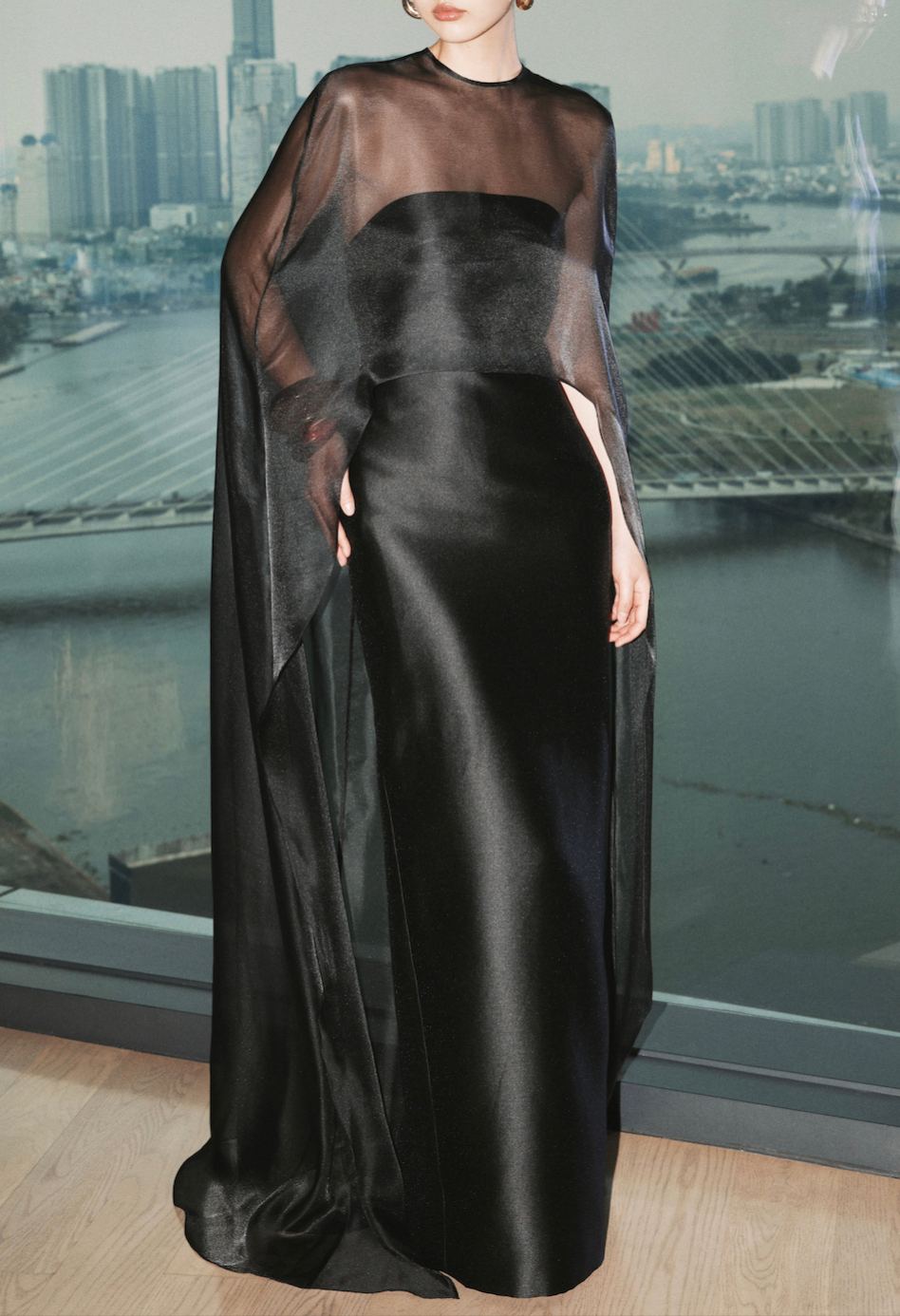 Farquhar Mesh Shawl Silky Maxi Dress In Black